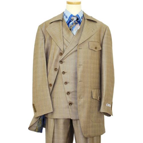 Testardi Collection Taupe with Hazlenut / Royal Blue Windowpanes Wool Vested Suit  MRV-9165